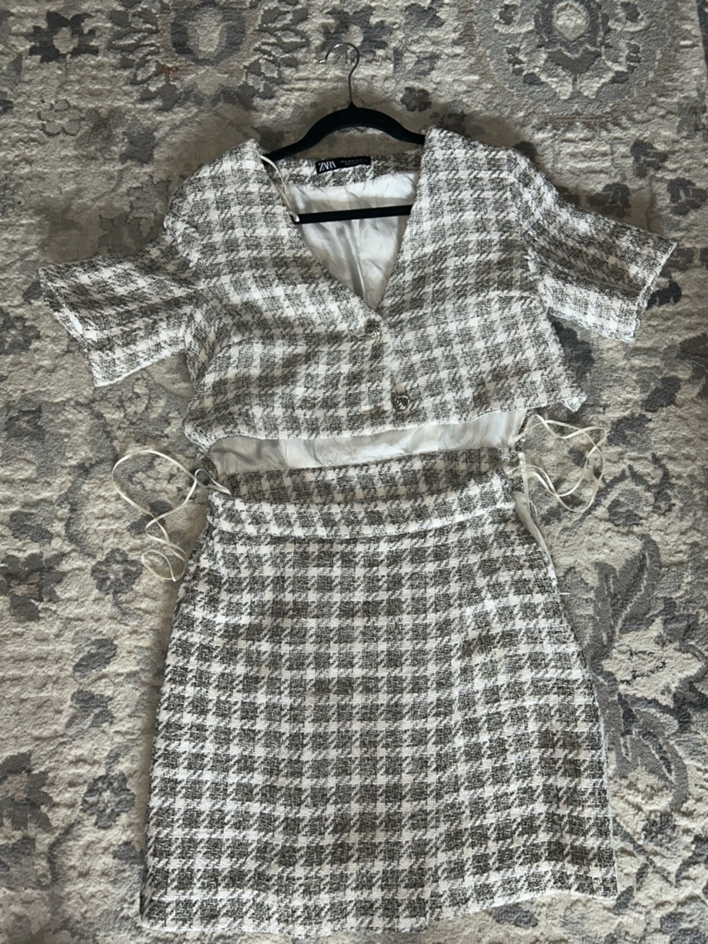 Zara Cream & Gray Tweed Houndstooth Skirt Set